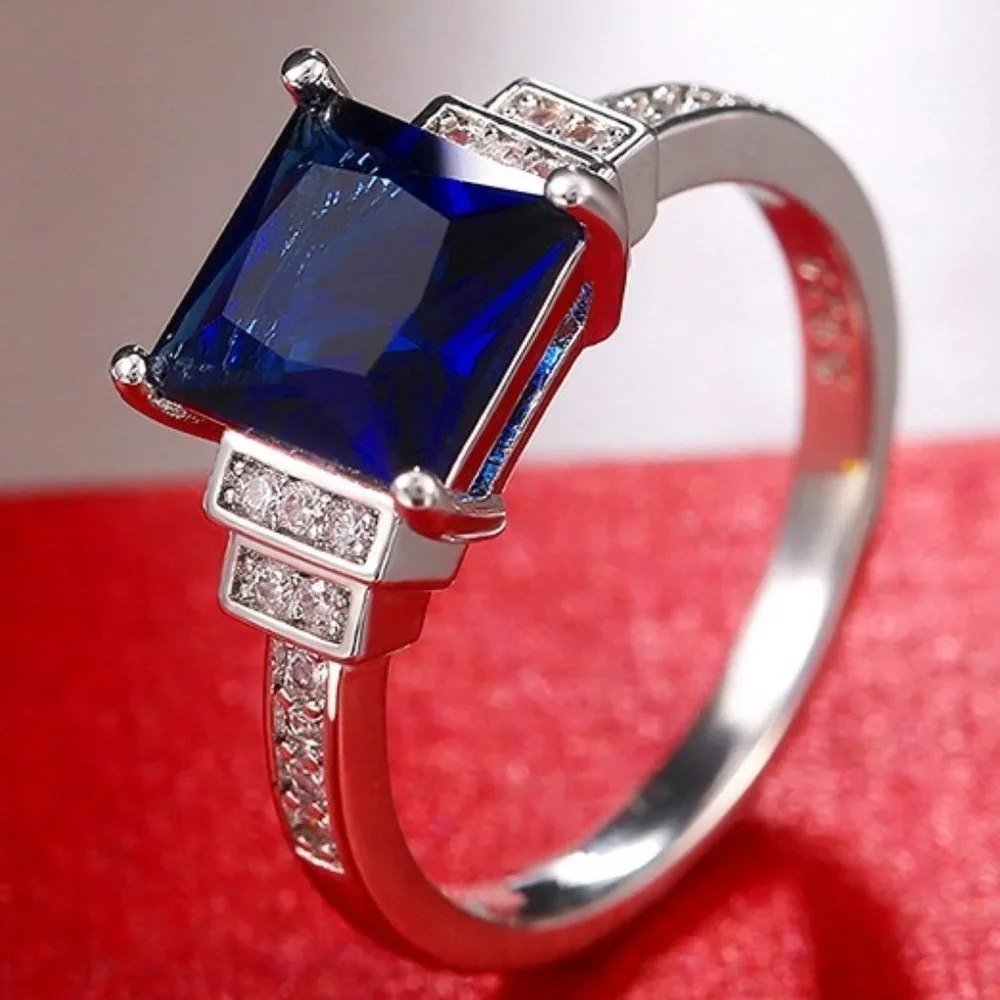 🔥Luxury Square Shape Blue Diamond Stone Dainty 925 Silver Ring for Women, F006